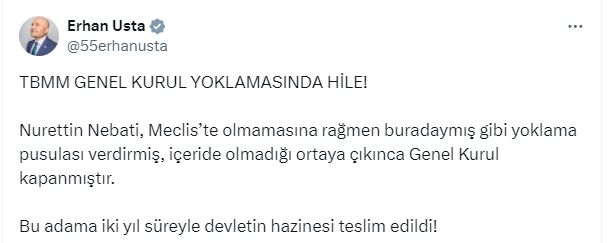 TBMM'de olmadığı halde Nureddin Nebati'nin yerine yoklama pusulası verildiği ortaya çıktı, Meclis kapandı