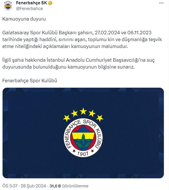 Fenerbahçe'den Galatasaray Başkanı Dursun Özbek hakkında suç duyurusu!