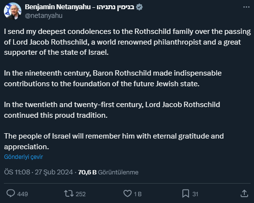 İsrail Başbakanı Netanyahu'dan Rothschild'in ölümü sonrası ilk sözler