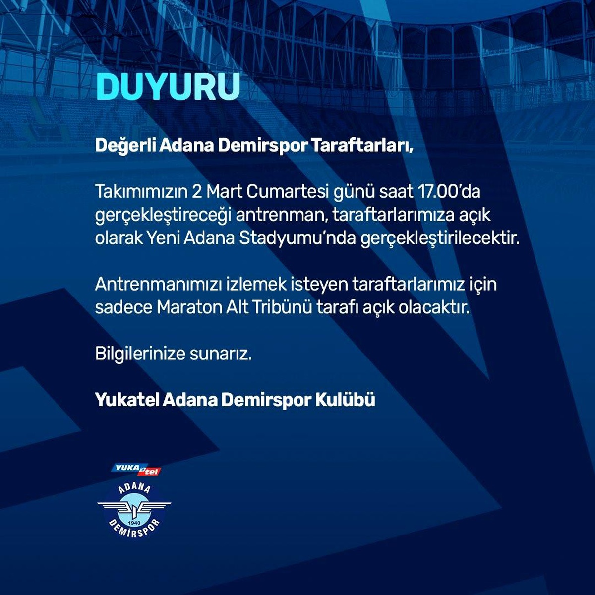 Adana Demirspor, Taraftarlara Açık Antrenman Düzenleyecek