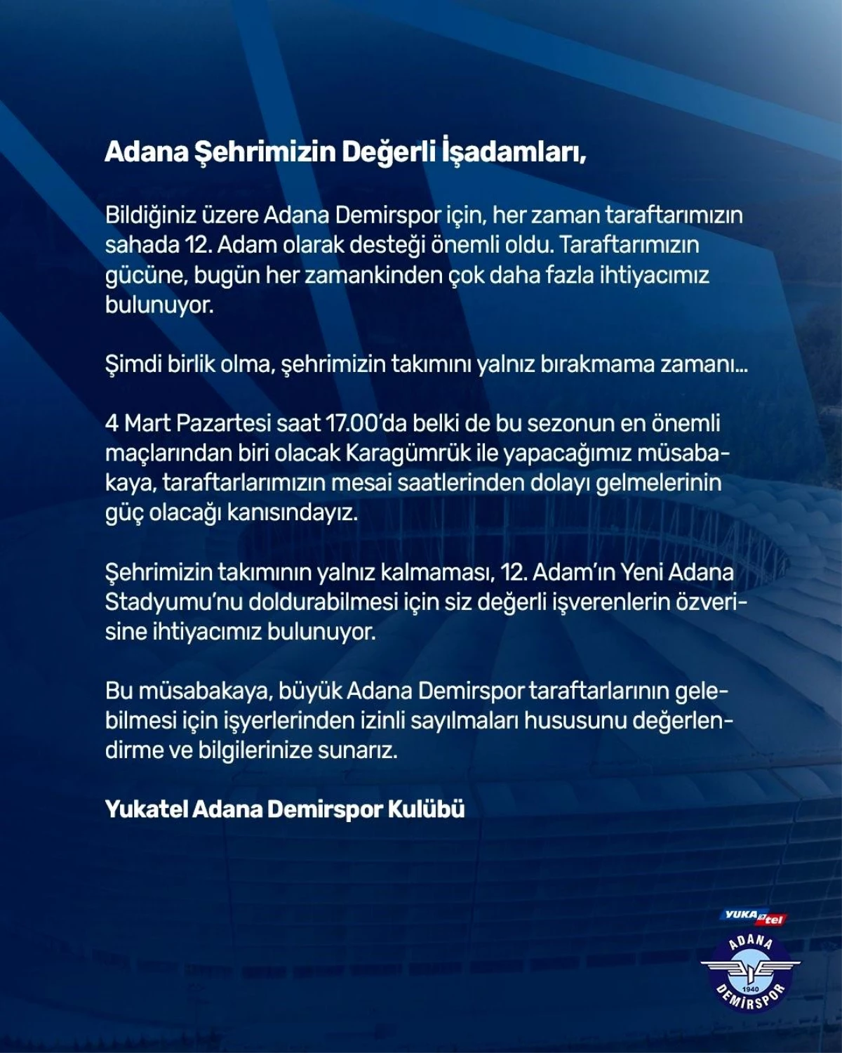 Adana Demirspor, iş verenlere çağrıda bulundu