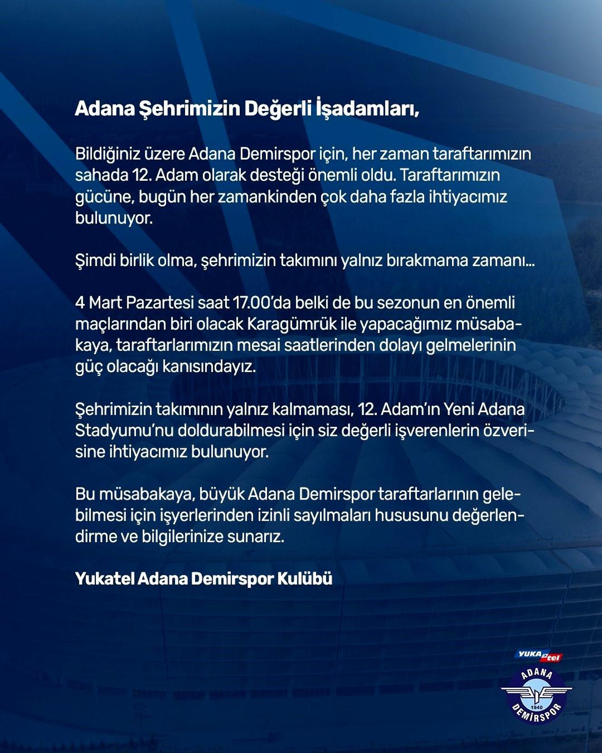 Adana Demirspor, iş verenlere çağrıda bulundu