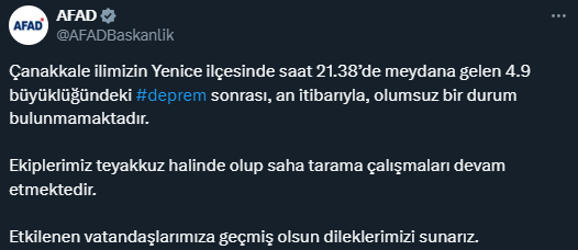 Çanakkale'de 4,9 büyüklüğünde deprem! İstanbul ve çevre illerde de hissedildi