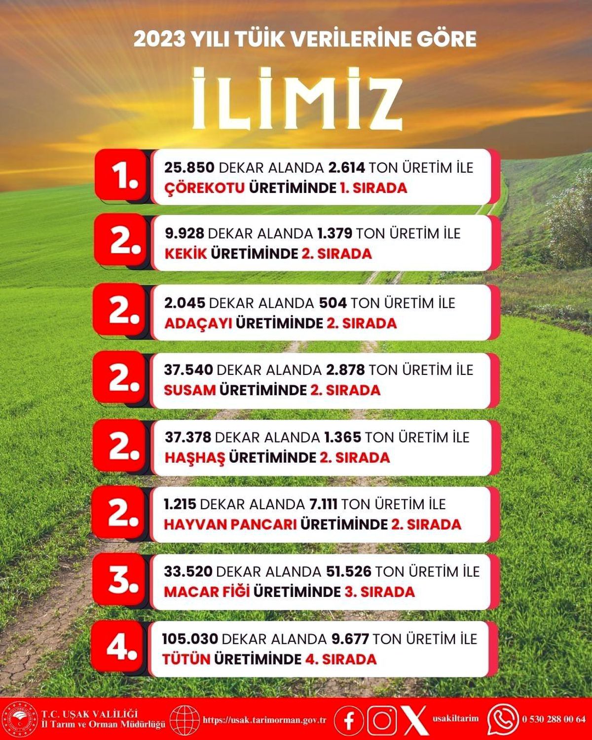 Uşak, tarımsal ürün üretiminde önemli bir yere sahip oldu