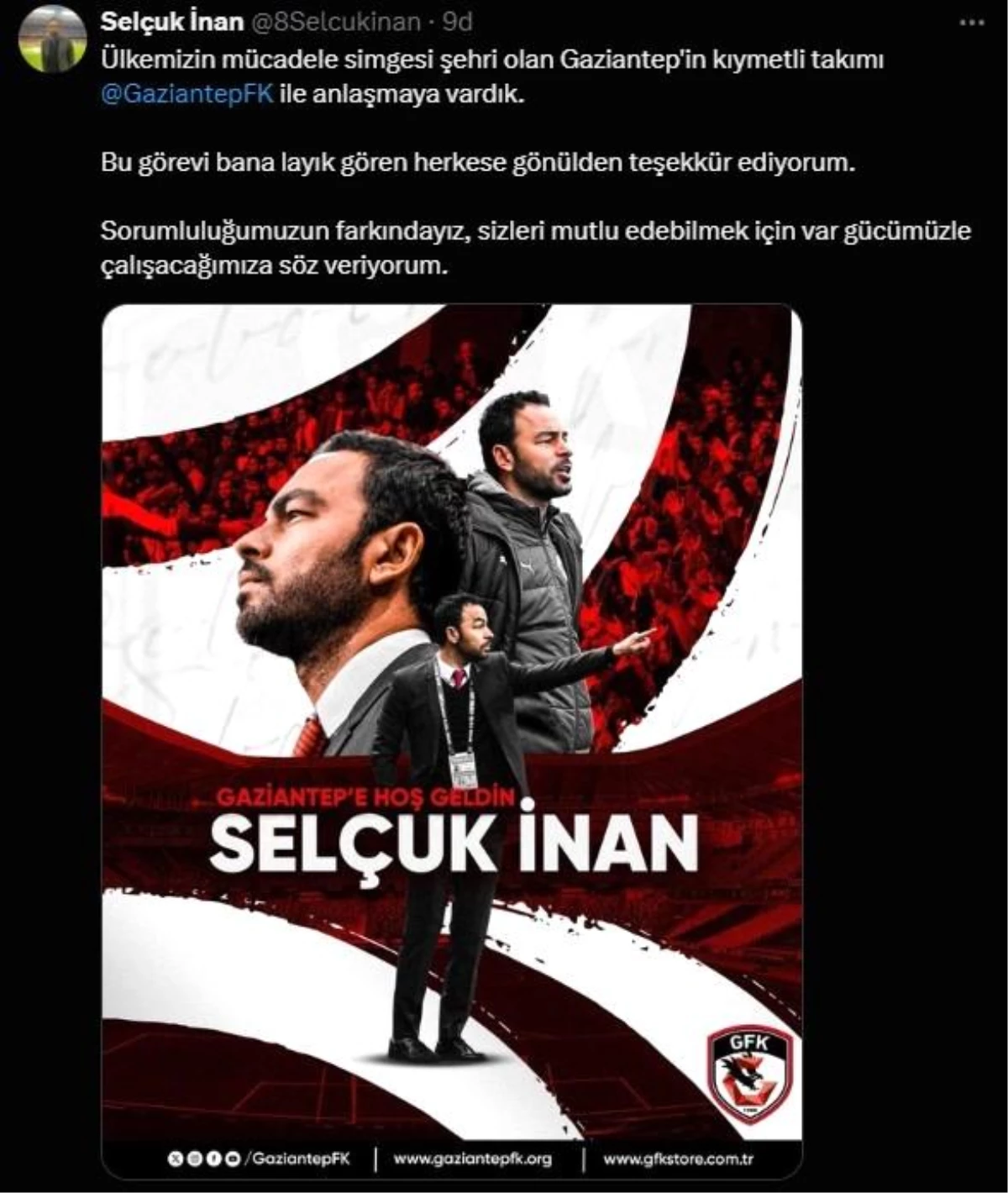Gaziantep FK Teknik Direktörü Selçuk İnan, 1.5 yıllık sözleşmeyi imzaladıktan sonra ilk mesajını sosyal medya hesabından verdi