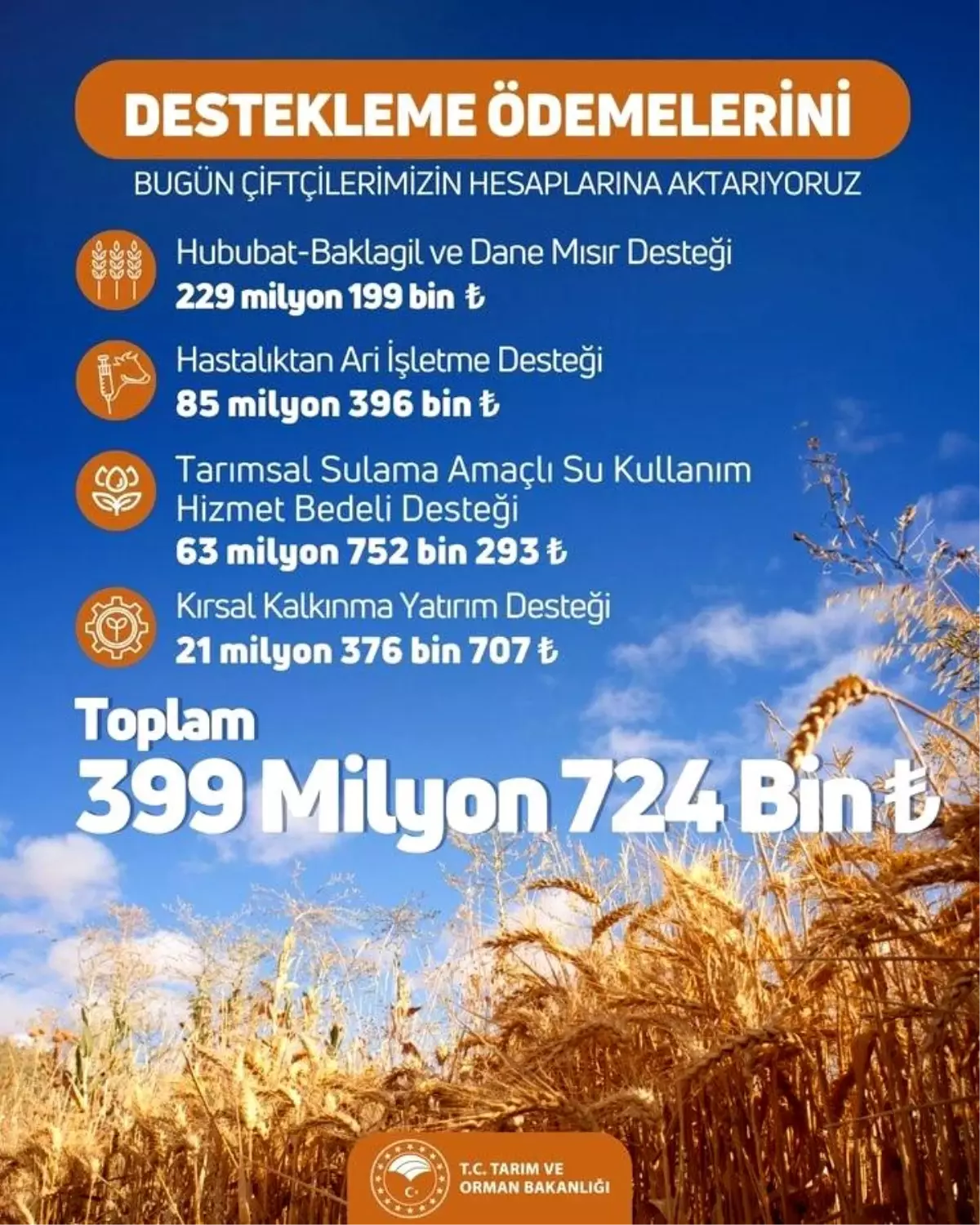 Tarım ve Orman Bakanlığı, 399 milyon 724 bin Türk Lirası tarımsal destekleme ödemesini çiftçilere yatıracak