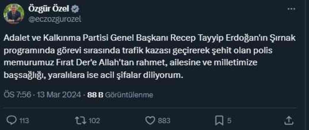 CHP lideri Özel'den, Erdoğan'ın koruma ekibinin kazasında şehit olan polis için başsağlığı mesajı CHP lideri Özel'den, Erdoğan'ın koruma ekibinin kazasında şehit olan polis için başsağlığı mesajı