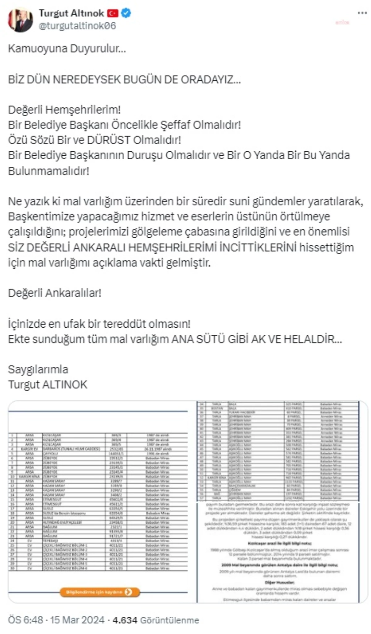 AKP Ankara Büyükşehir Belediye Başkan Adayı Turgut Altınok Mal Varlığını Açıkladı