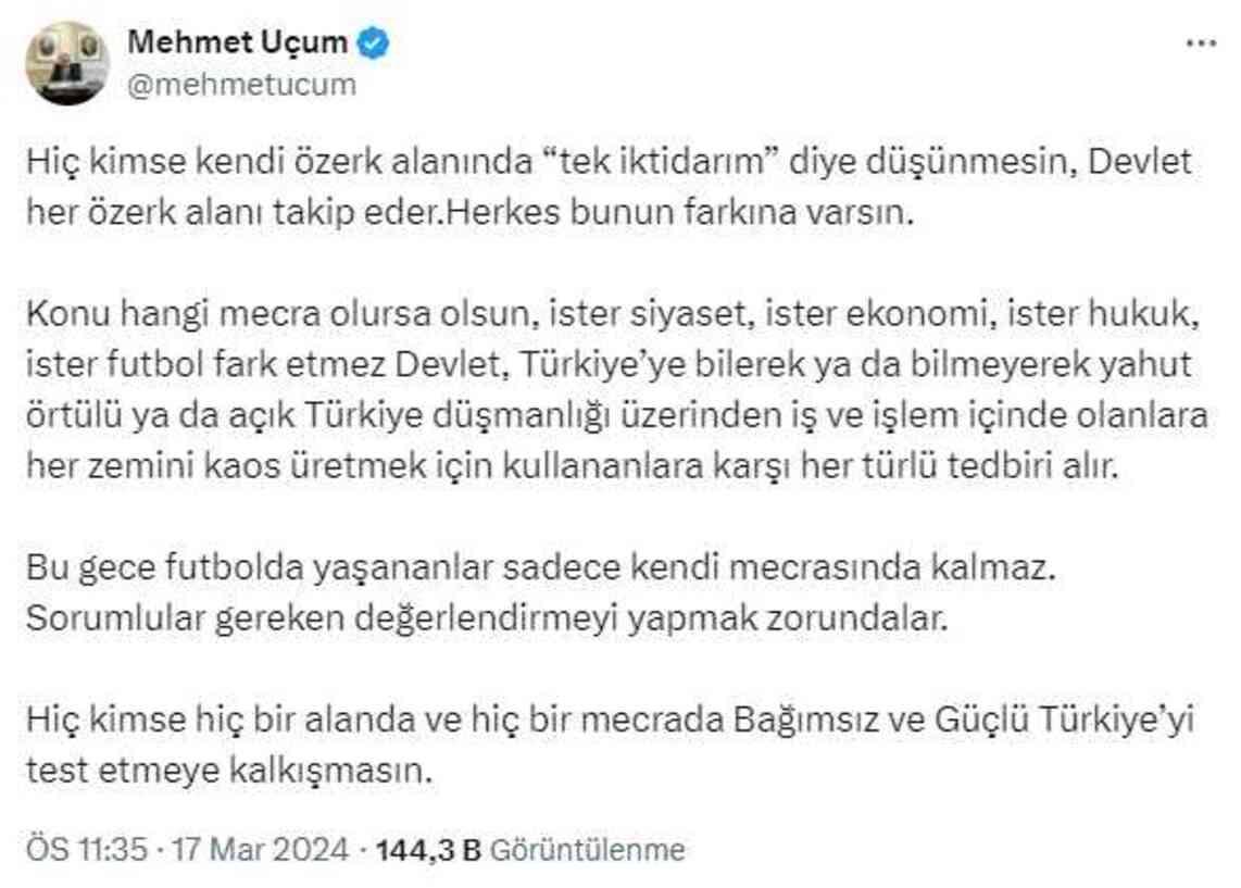 Cumhurbaşkanı Başdanışmanı Uçum'dan olayla maçla ilgili ilk yorum: Hiç kimse Güçlü Türkiye'yi test etmeye kalkışmasın