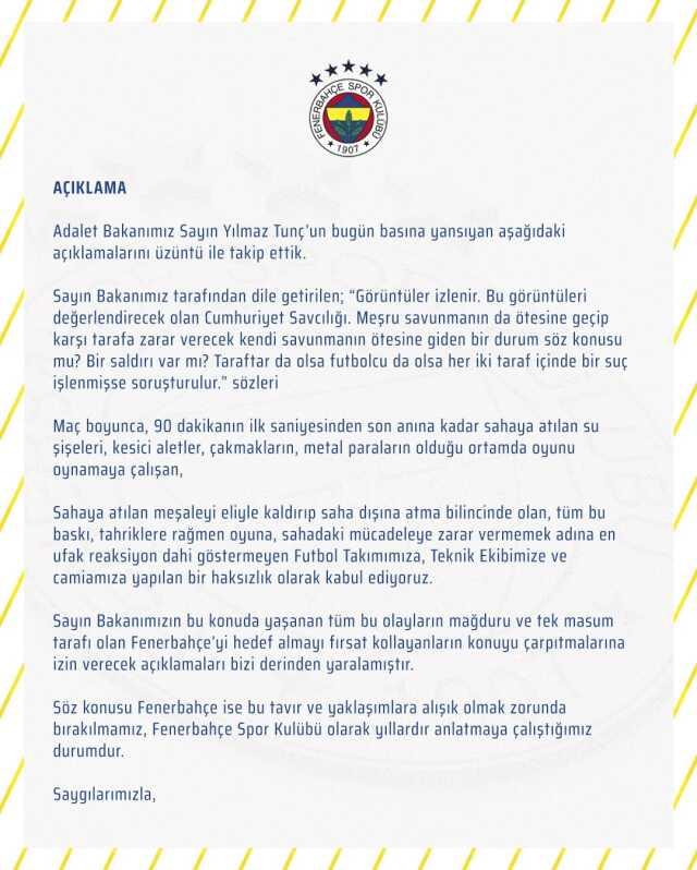 Fenerbahçe'den Adalet Bakanı Yılmaz Tunç'a yanıt: Açıklamalarını üzüntü ile takip ettik