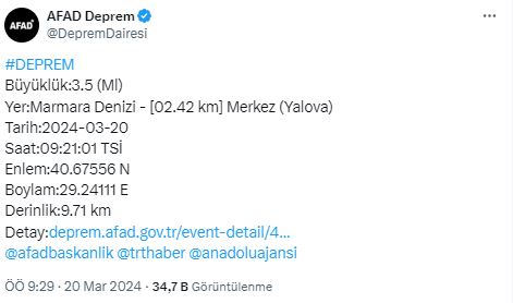 Marmara'da 3.5 büyüklüğünde deprem! İstanbul ve çevre illerde de hissedildi