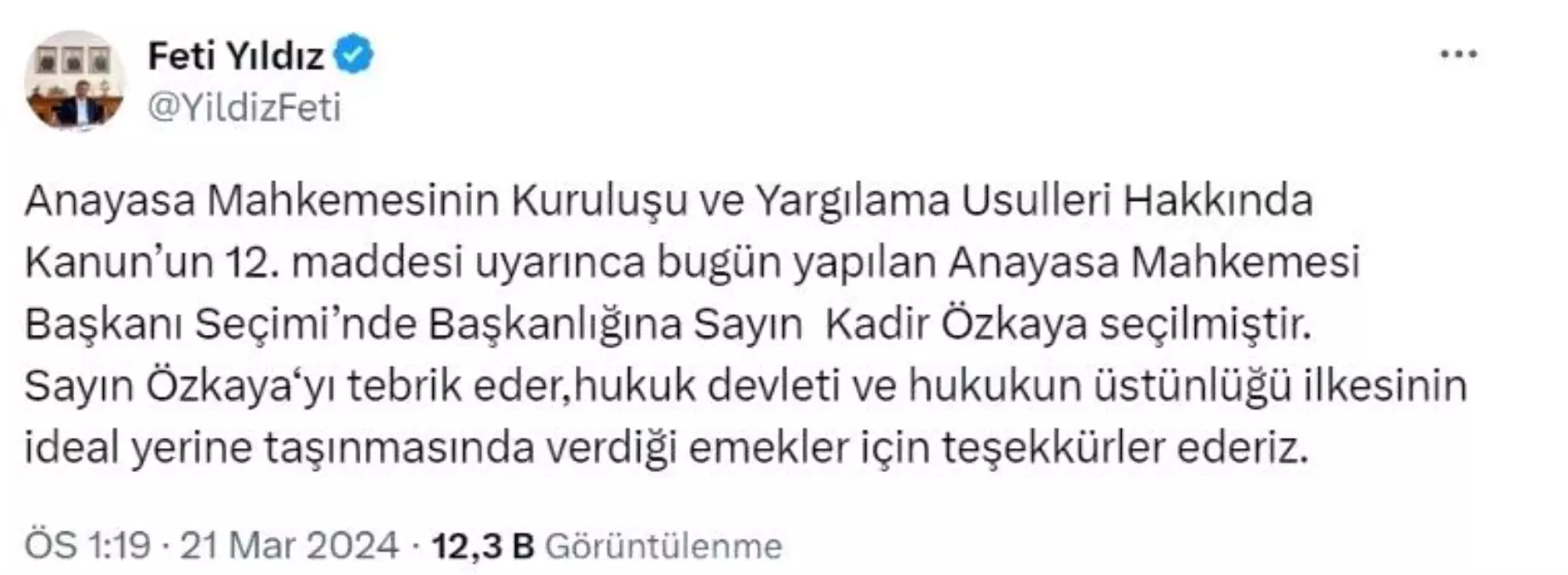 MHP Genel Başkan Yardımcısı Feti Yıldız, AYM Başkanı Seçimi\'nde Kadir Özkaya\'yı tebrik etti