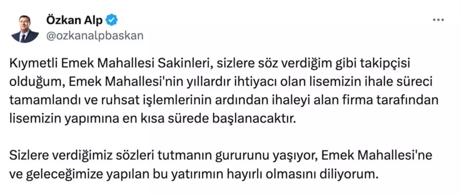 Özkan Alp, Emek Mahallesi\'nde yapılacak olan 32 derslikli okulun ihale sürecinin tamamlandığını duyurdu