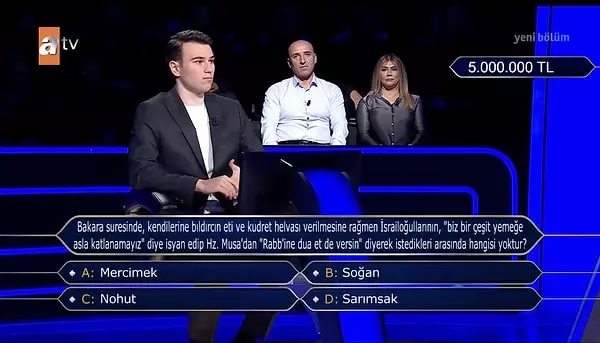 "Kim Milyoner Olmak ster?"de gen yarmac 5 milyon liralk soruya doru yant verdi