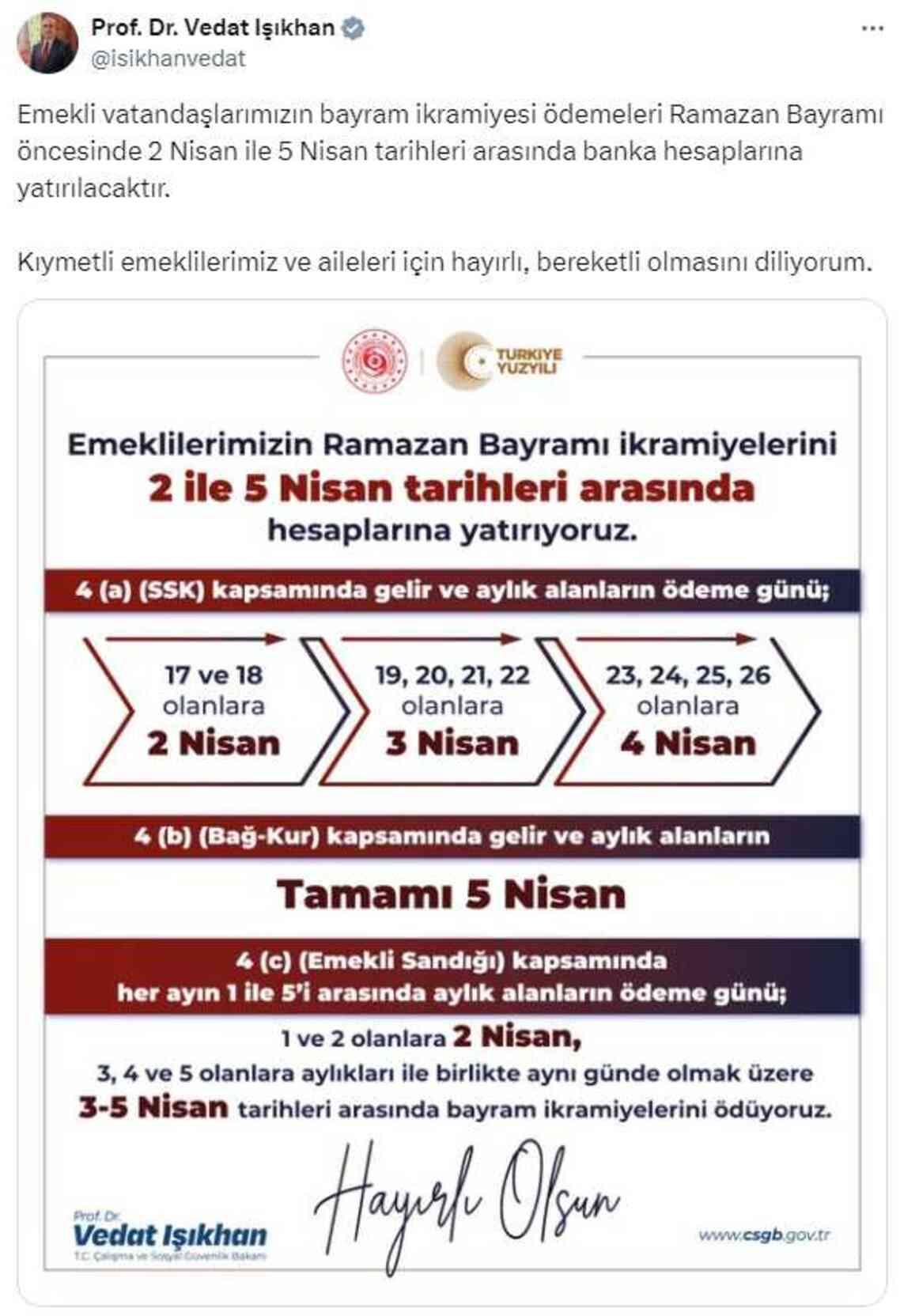 Emeklilerin bayram ikramiyesi demeleri 2-5 Nisan arasnda yaplacak