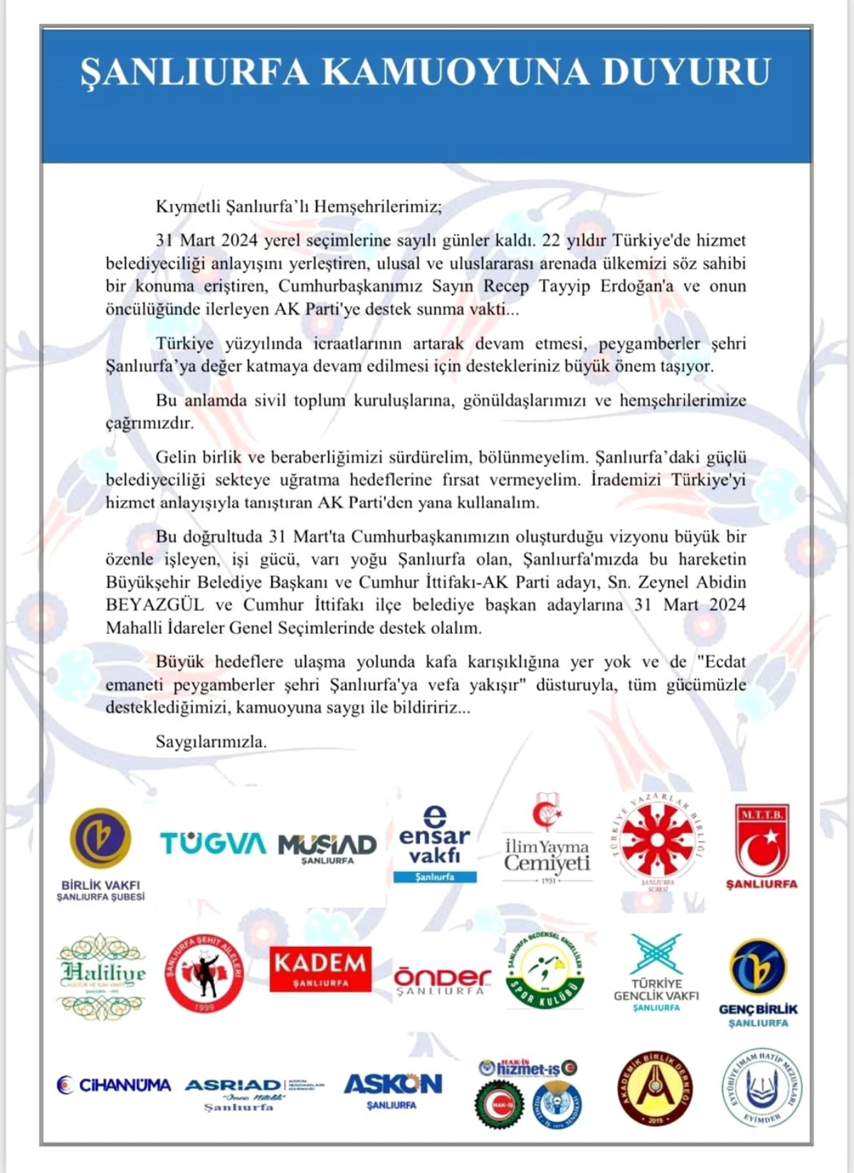 Şanlıurfa\'da STK\'lar Cumhur İttifakı adayını destekliyor