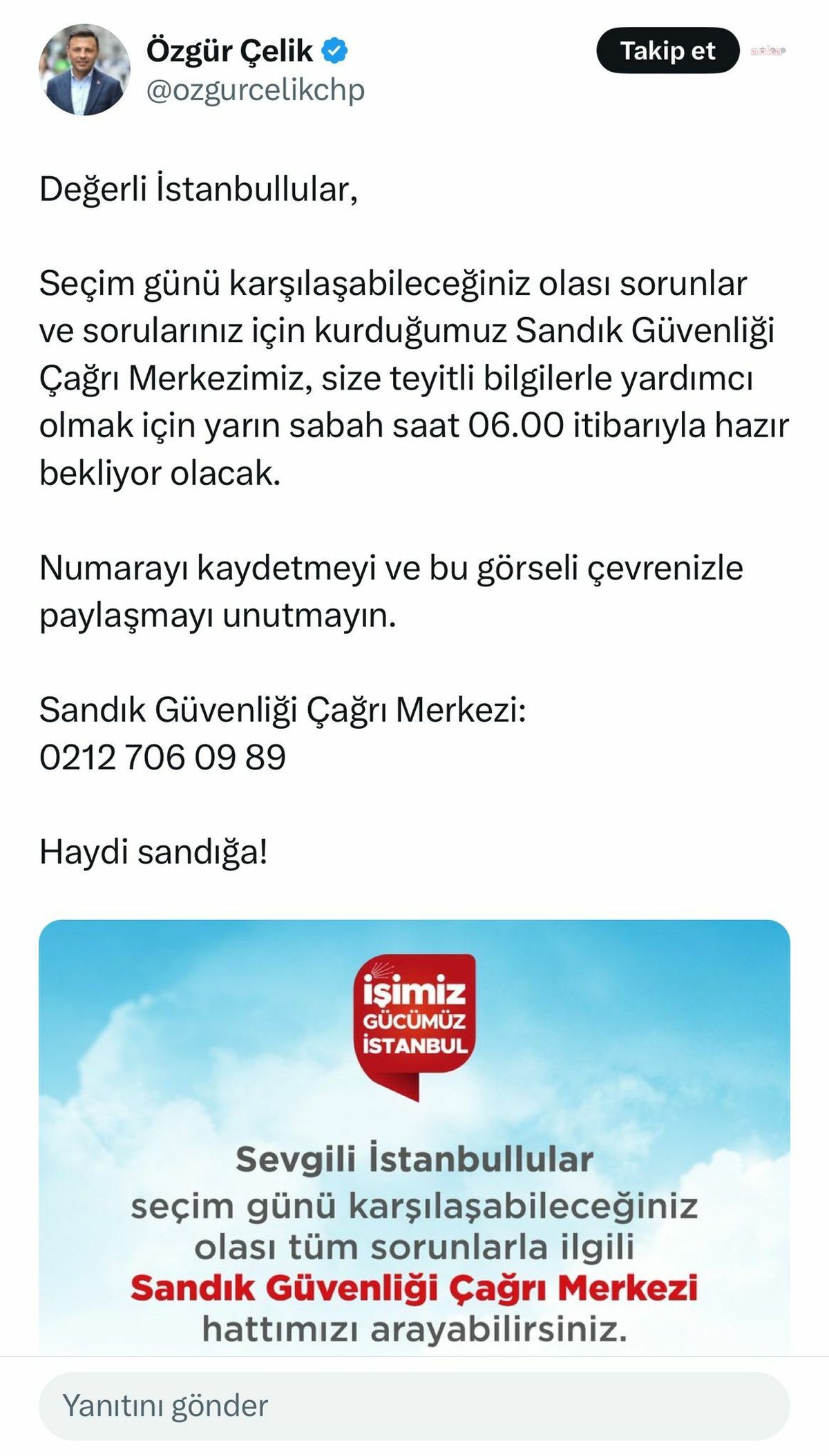 CHP İstanbul İl Başkanı Özgür Çelik, Sandık Güvenliği Çağrı Merkezi\'ni Paylaştı