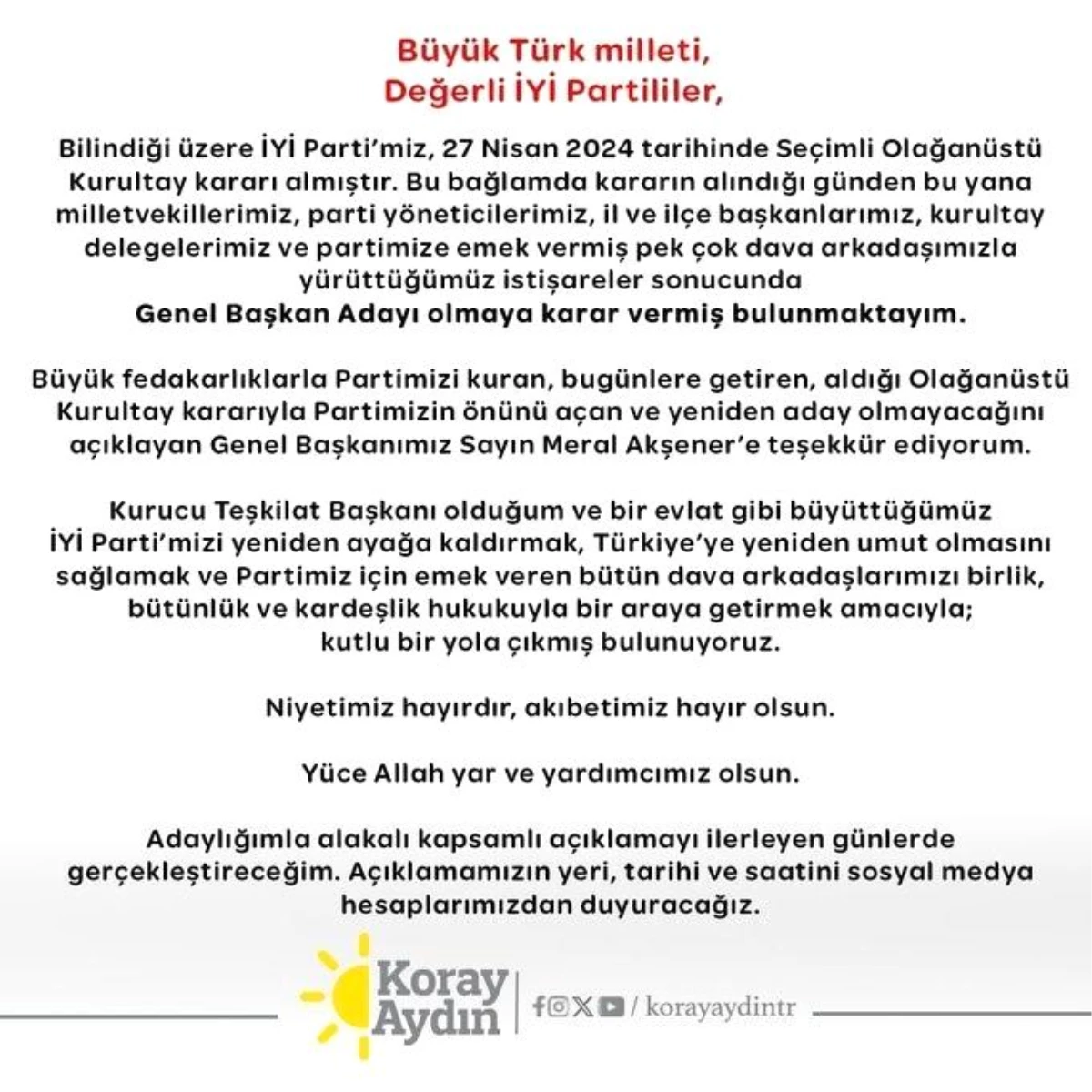 İYİ Parti TBMM Grup Başkanı Koray Aydın genel başkanlığa aday