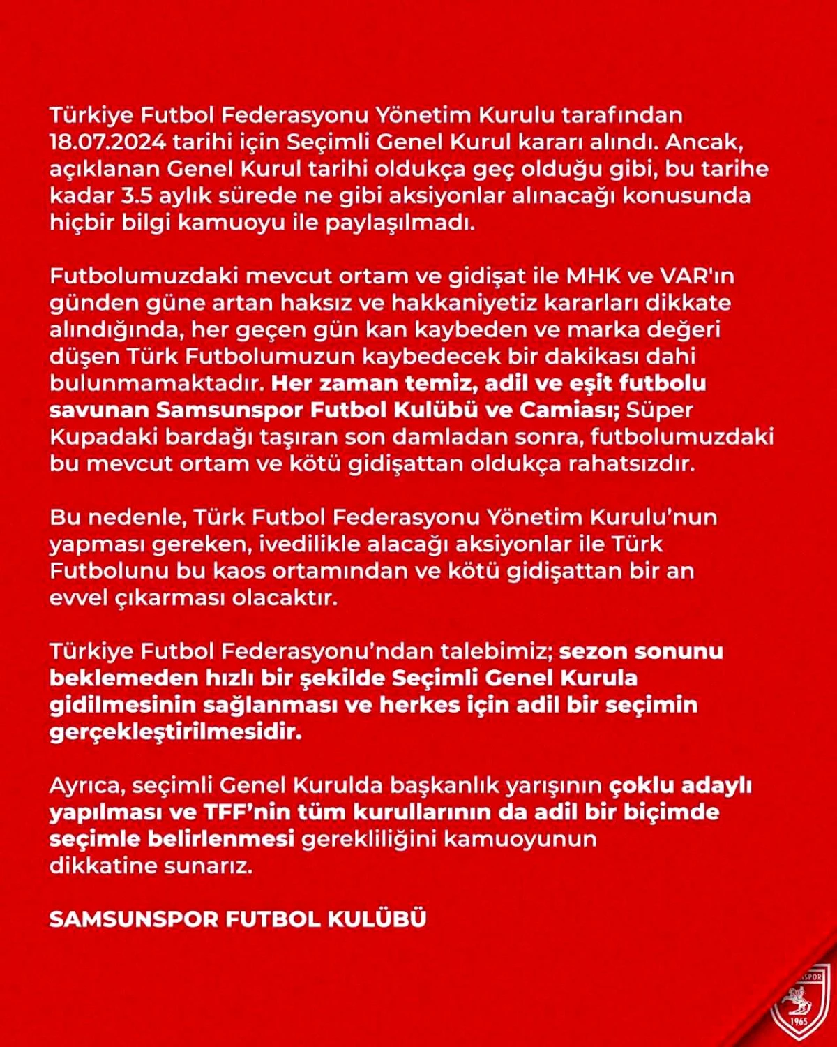 Samsunspor, TFF\'yi acil seçimli genel kurula davet etti