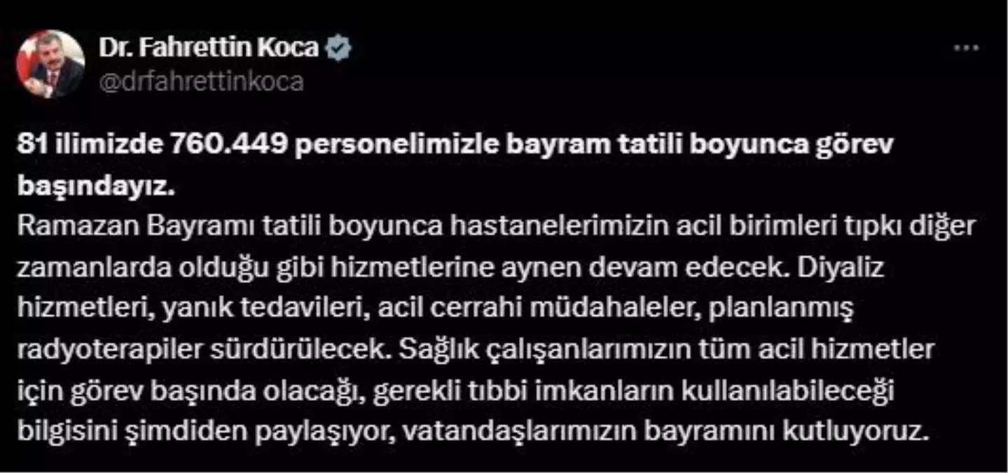 Sağlık Bakanı: Bayram tatili boyunca 760 bin 449 sağlık personeli görev yapacak