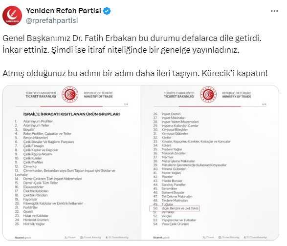 Yeniden Refah Partisi'nden İsrail'e ihracat kısıtlaması kararı hakkında açıklama