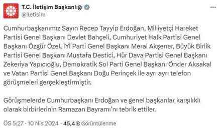 Cumhurbaşkanı Erdoğan, siyasi partilerin genel başkanlarının Ramazan Bayramı'nı kutladı Cumhurbaşkanı Erdoğan, siyasi partilerin genel başkanlarının Ramazan Bayramı'nı kutladı