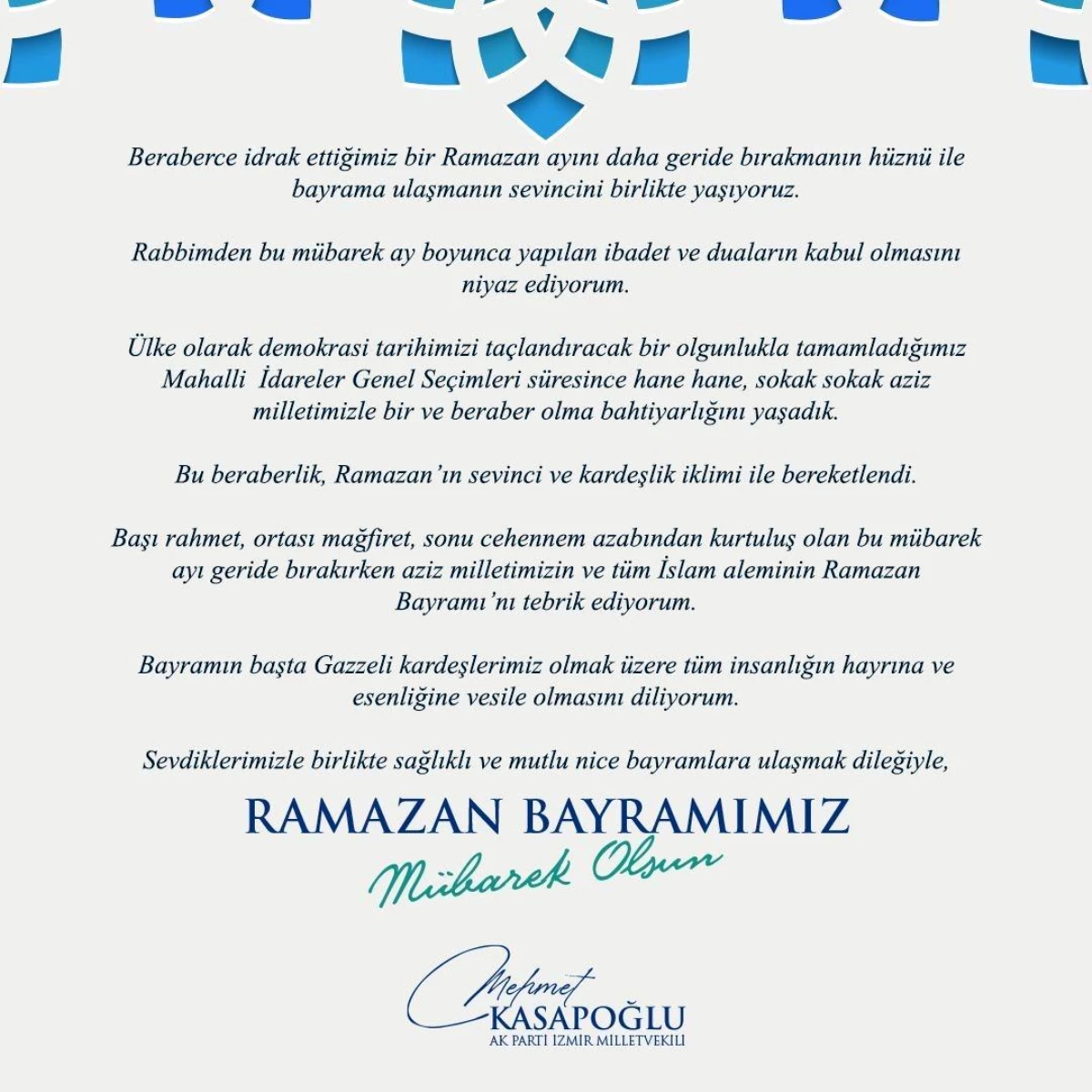 Gençlik ve Spor Bakanı Mehmet Kasapoğlu\'ndan Ramazan Bayramı Kutlama Mesajı