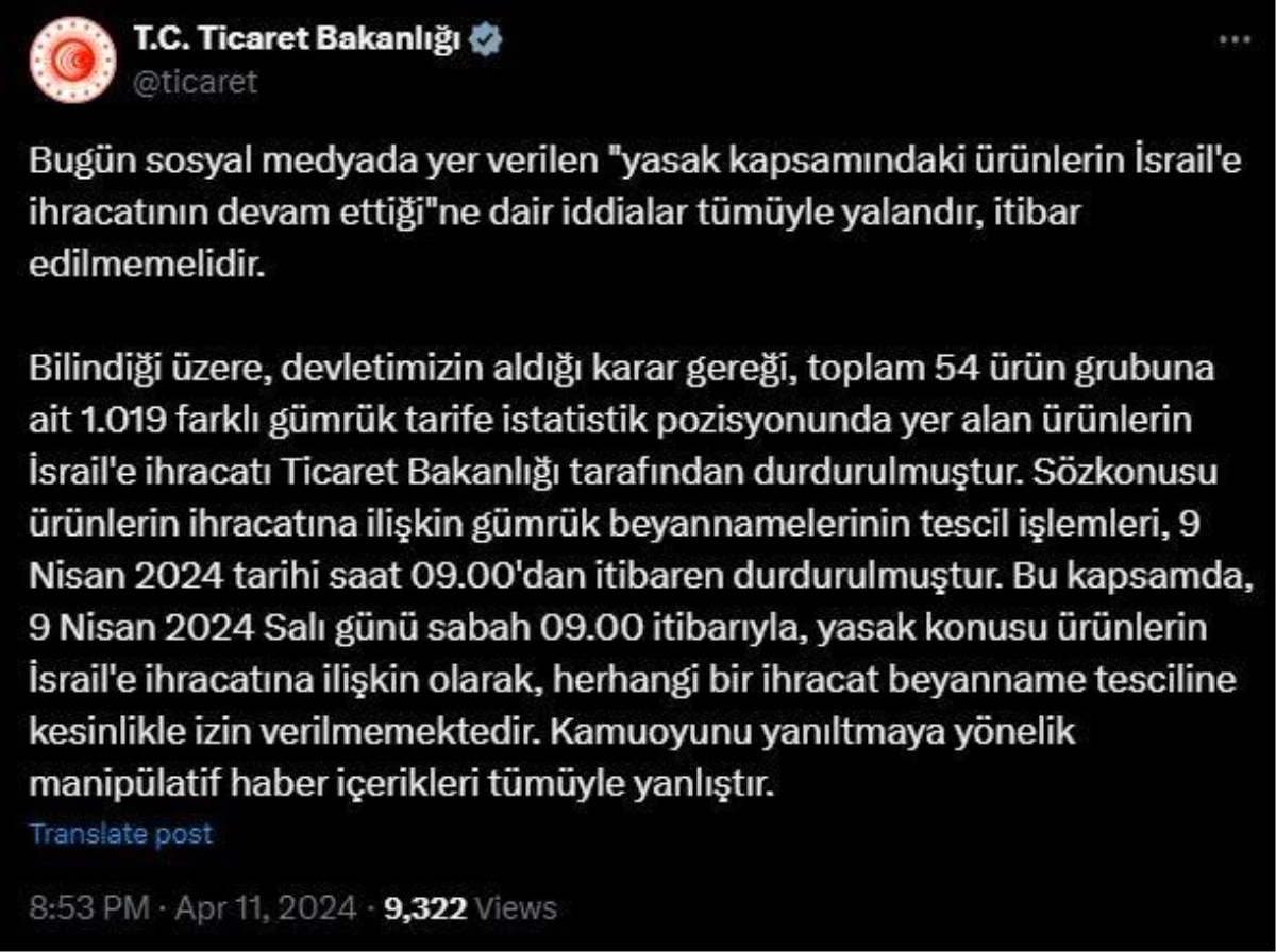 Ticaret Bakanlığı: İsrail\'e yasaklı ürün ihracatı iddiaları yalandır