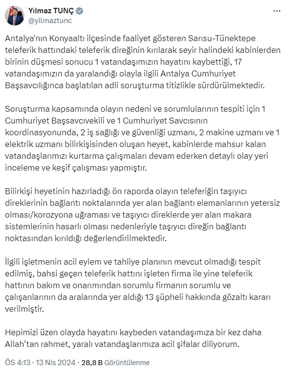 Antalya'daki teleferik kazası nasıl oldu? Bakan Tunç bilirkişi raporunu açıkladı