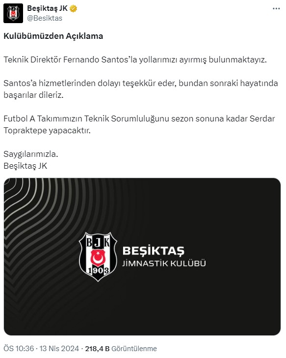 Beşiktaş, Teknik Direktör Fernando Santos ile yollarını ayırdı