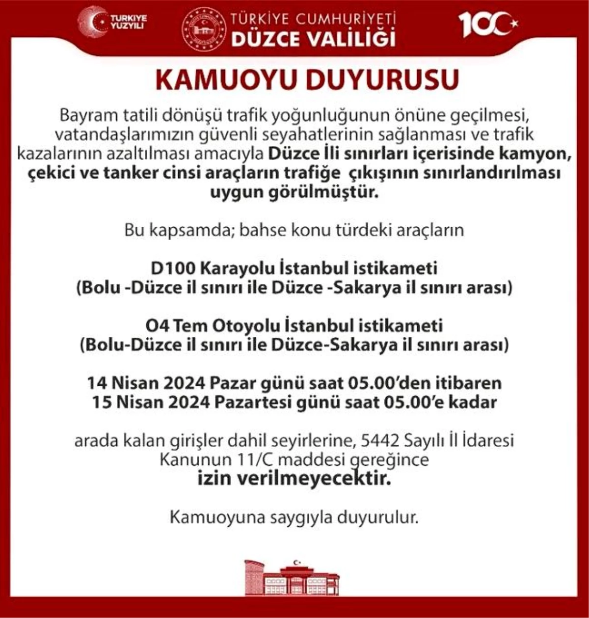 Bolu, Düzce ve Sakarya\'da kamyon ve çekici trafiği yasaklandı