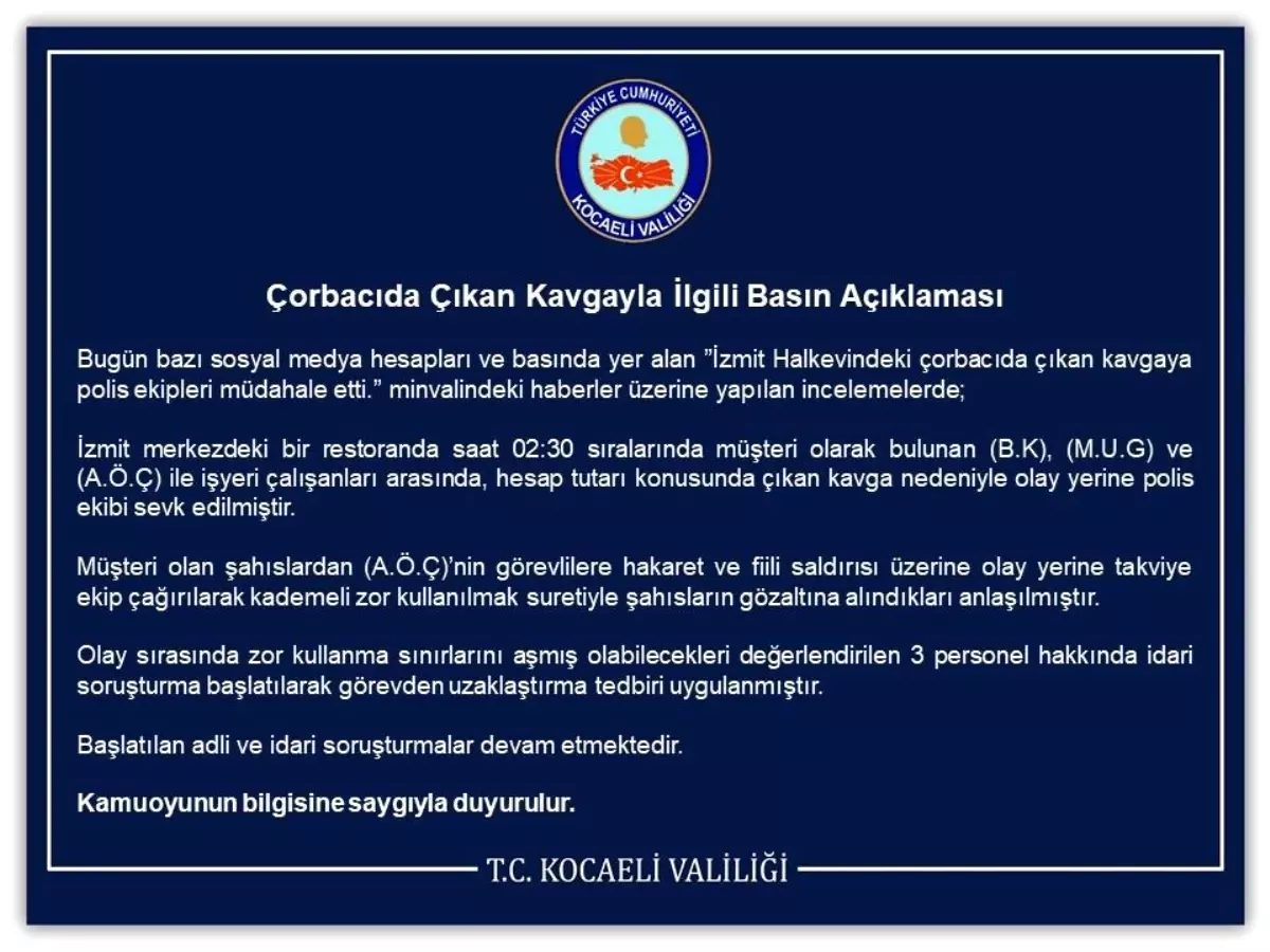 İzmit\'te restoranda hesap kavgası: 3 kişi gözaltına alındı, 3 personel hakkında soruşturma başlatıldı