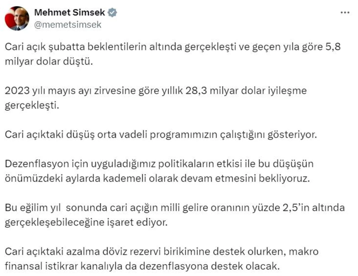 Hazine ve Maliye Bakanı Şimşek: Cari açık düşüşü orta vadeli programın başarısını gösteriyor