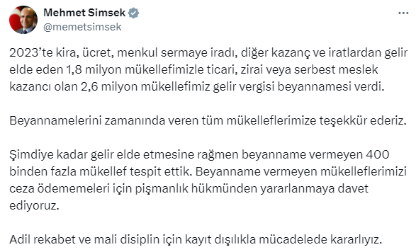 Bakan Şimşek: Gelir elde etmesine rağmen beyanname vermeyen 400 binden fazla mükellef tespit ettik