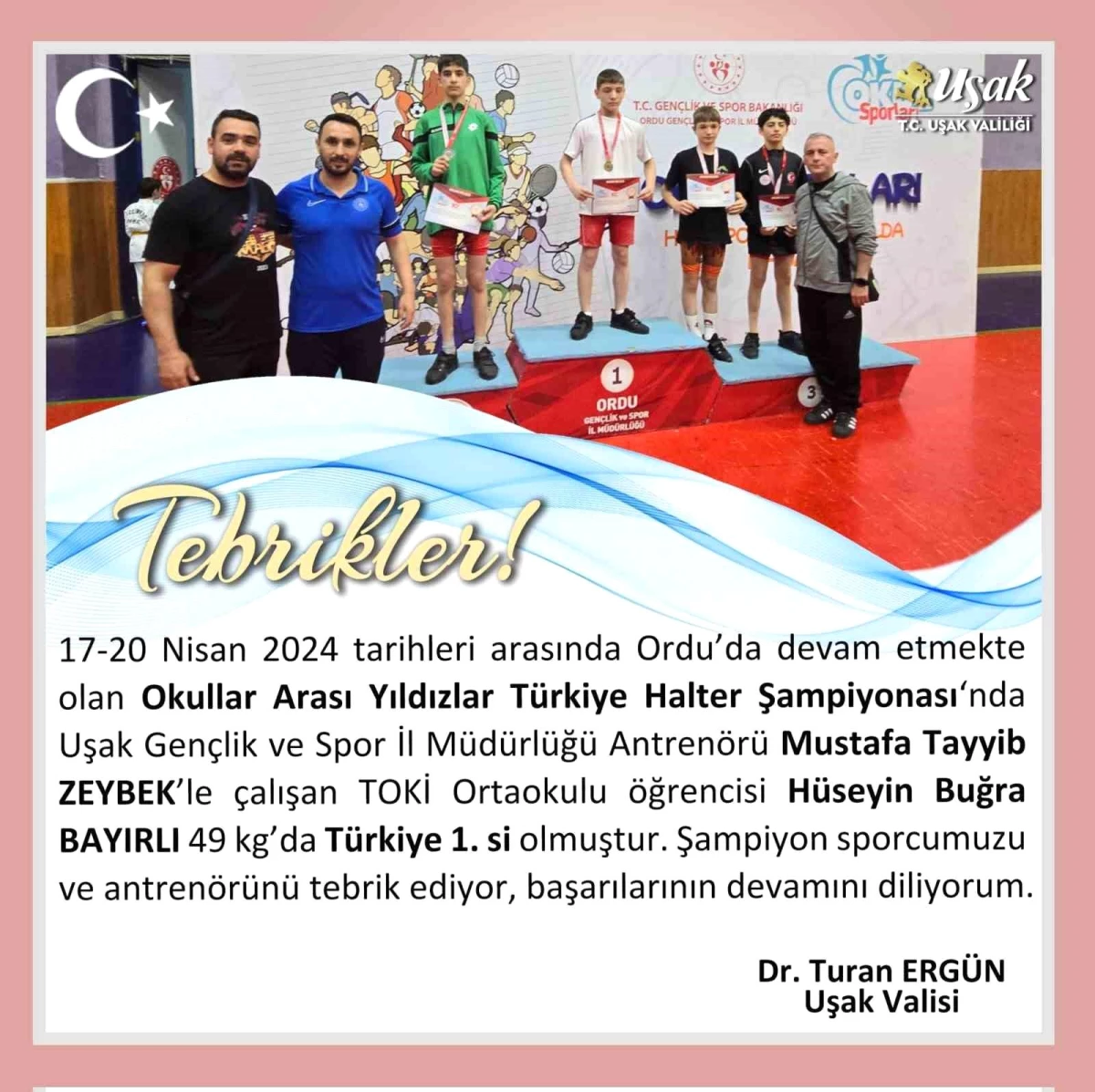 Uşak Valisi, Türkiye Şampiyonu olan sporcu için tebrik mesajı yayımladı
