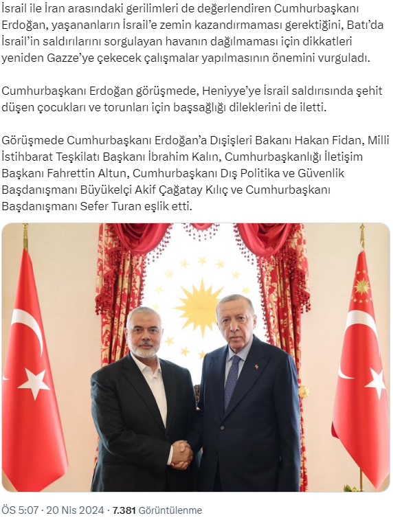 Cumhurbaşkanı Erdoğan ile Hamas Siyasi Büro Başkanı Heniyye görüşmesi sona erdi