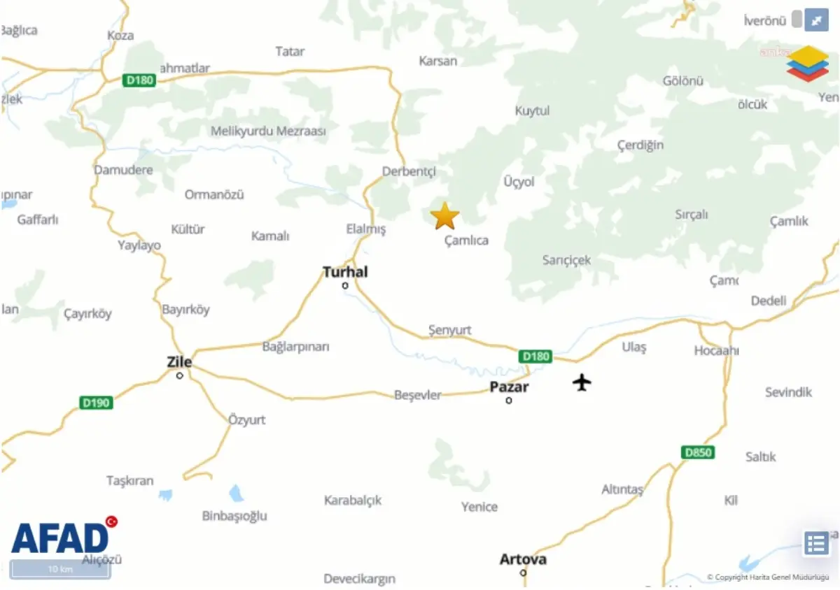 Tokat\'ın Turhal ilçesinde 4.1 büyüklüğünde deprem meydana geldi