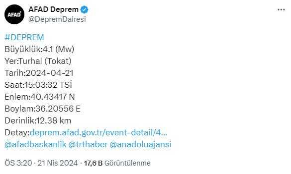 Tokat'ın Turhal ilçesinde 4.1 büyüklüğünde deprem