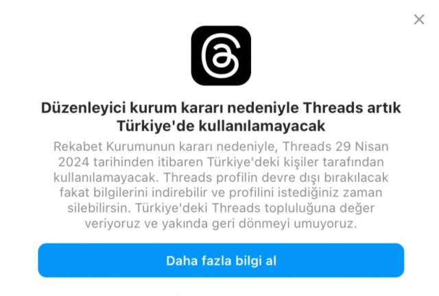 Rekabet Kurulu kararyla Threads uygulamas Trkiye'de kapatld