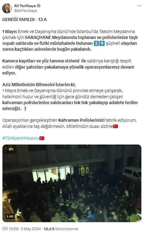 Bakan Yerlikaya: 1 Mayıs'ta polise saldıran 29 şüpheli yakalandı