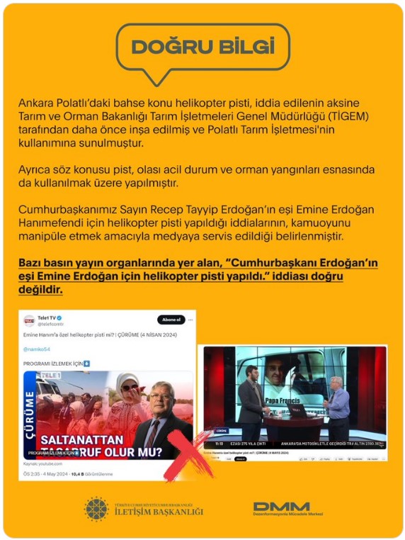Dezenformasyonla Mücadele Merkezi: Emine Erdoğan için helikopter pisti yapıldığı iddiası doğru değil