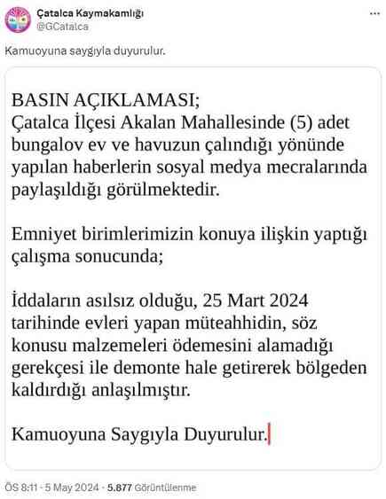 Çatalca'daki 'bungalov hırsızlığı' olayının aslı bambaşka çıktı: Müteahhit ödemesini alamayınca kaldırmış Çatalca'daki 'bungalov hırsızlığı' olayının aslı bambaşka çıktı: Müteahhit ödemesini alamayınca kaldırmış