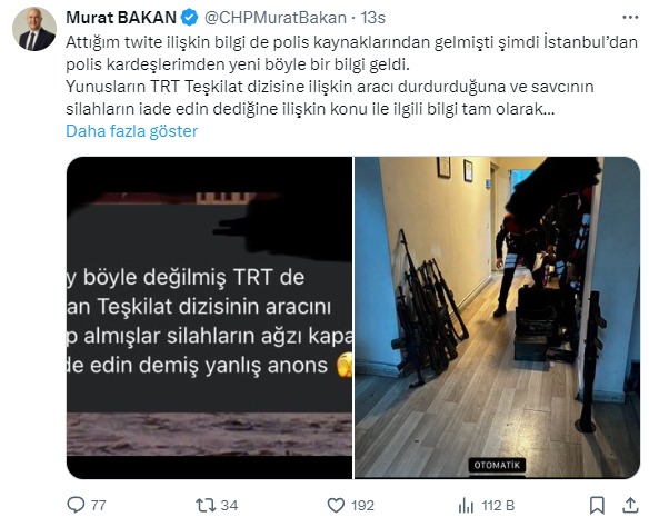 CHP'li Murat Bakan dizide kullanılan silahları gerçek sandı! İstanbul Emniyeti'nden de açıklama geldi