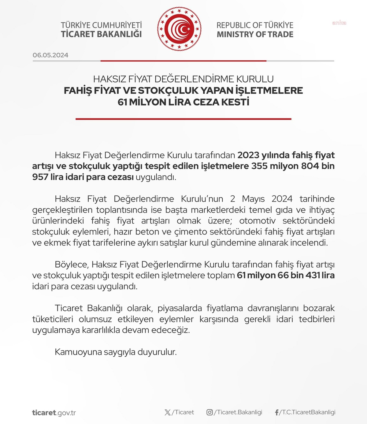 Ticaret Bakanlığı, fahiş fiyat artışı ve stokçuluk yapan işletmelere 61 milyon lira ceza kesti