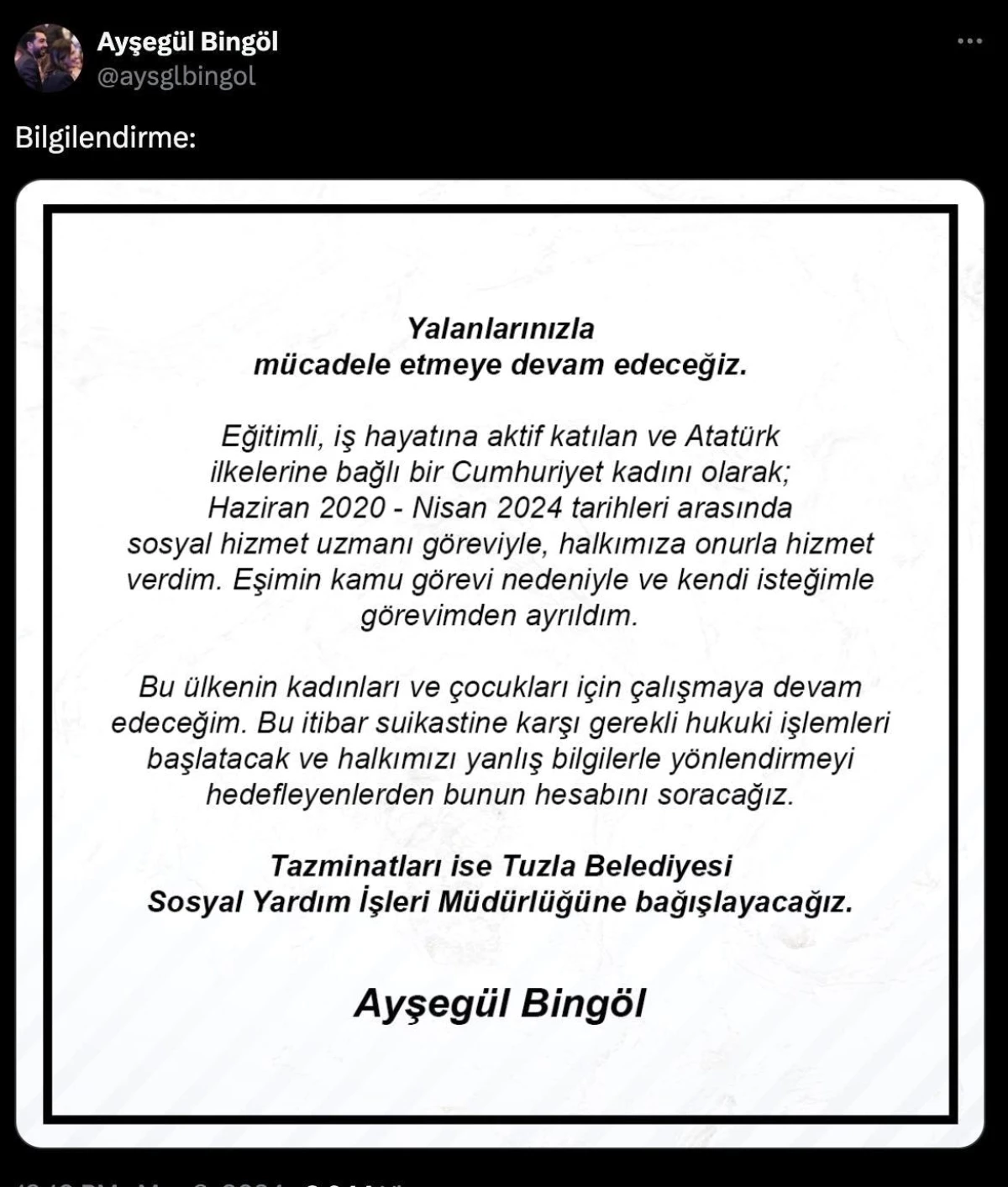 Tuzla Belediye Başkanı Eren Ali Bingöl\'ün eşi Ayşegül Kılınç Bingöl\'den açıklama