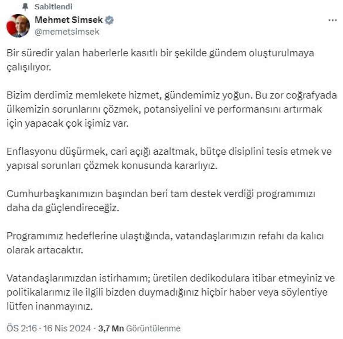Bakan Şimşek: Enflasyonu tek haneye düşürmeyi programımızın temel hedefi olarak belirledik