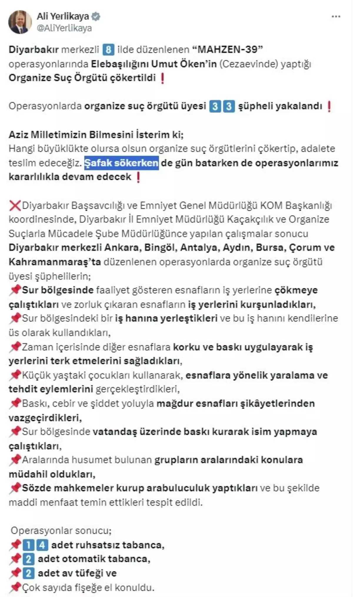 Bakan Yerlikaya: \'Mahzen-39\' operasyonları ile Umut Öken\'in elebaşılığını yaptığı suç örgütü çökertildi