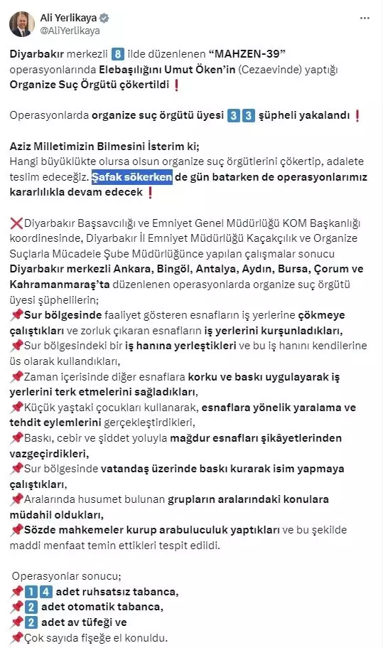 Mahzen-39 operasyonunda Diyarbakır merkezli organize suç örgütü çökertildi