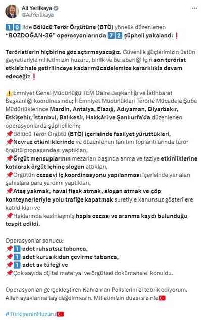 Bölücü terör örgütüne Bozdoğan-36 Operasyonu:72 şüpheli yakalandı