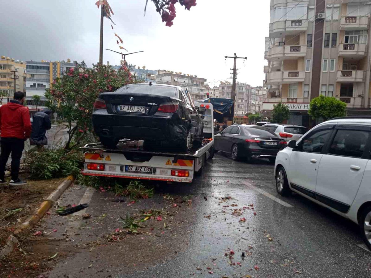 Alanya\'da Otomobil Refüje Çıkarak Ağaçları Devirdi